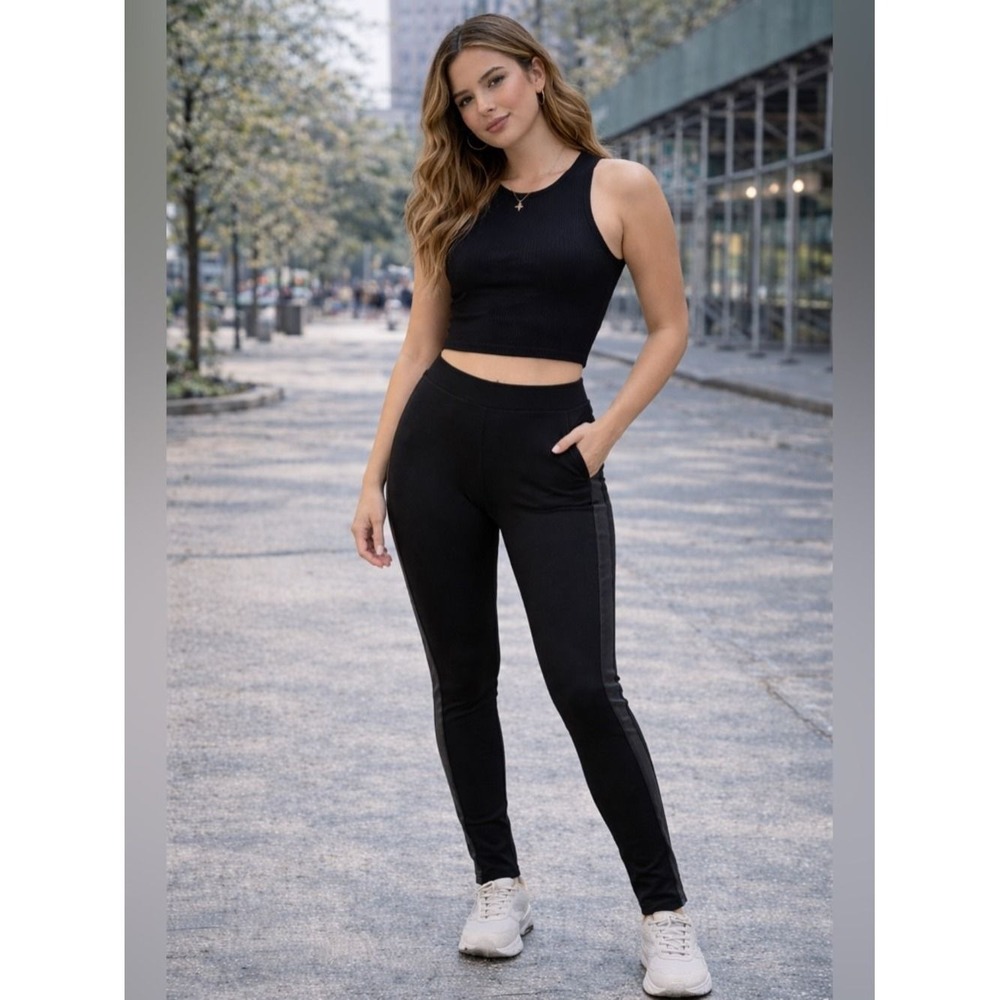 Zara Trafaluc Black Leggings Faux Leather Side Stripe High Waist XS